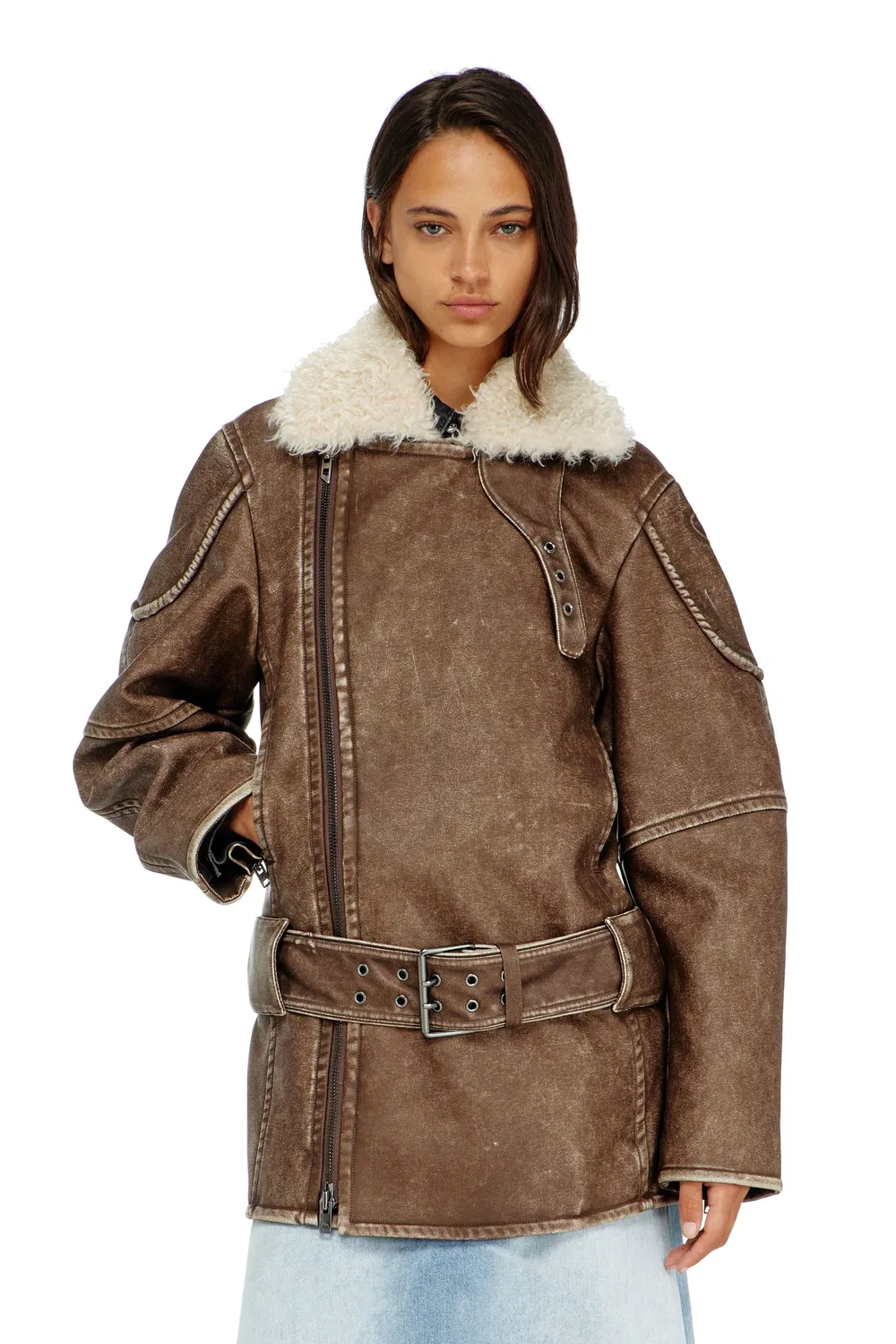 Женское двубортное пальто-авиатор с ремнем Double-breasted aviator-biker coat Diesel, коричневый — фото 2