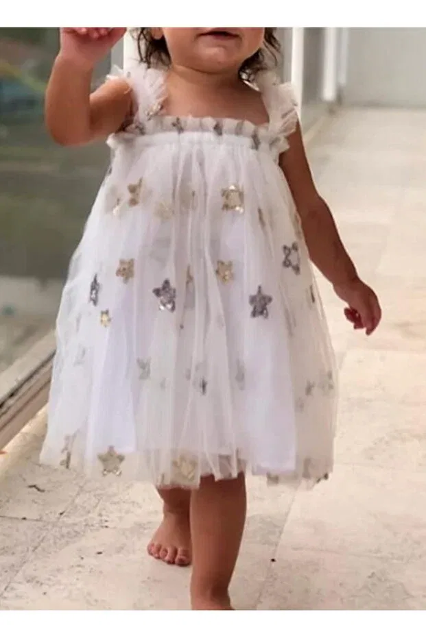 Детское платье для девочек с пайетками Hanging Stars Sequins Petityu, White