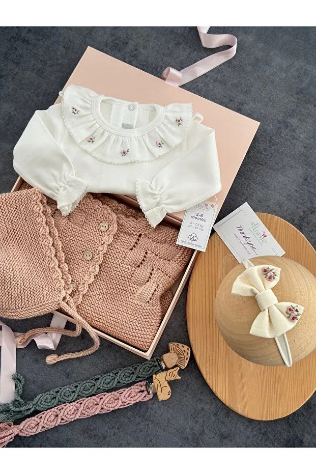 Детский кардиган с ажурной вязкой с шапочкой Florijee, Dried Rose