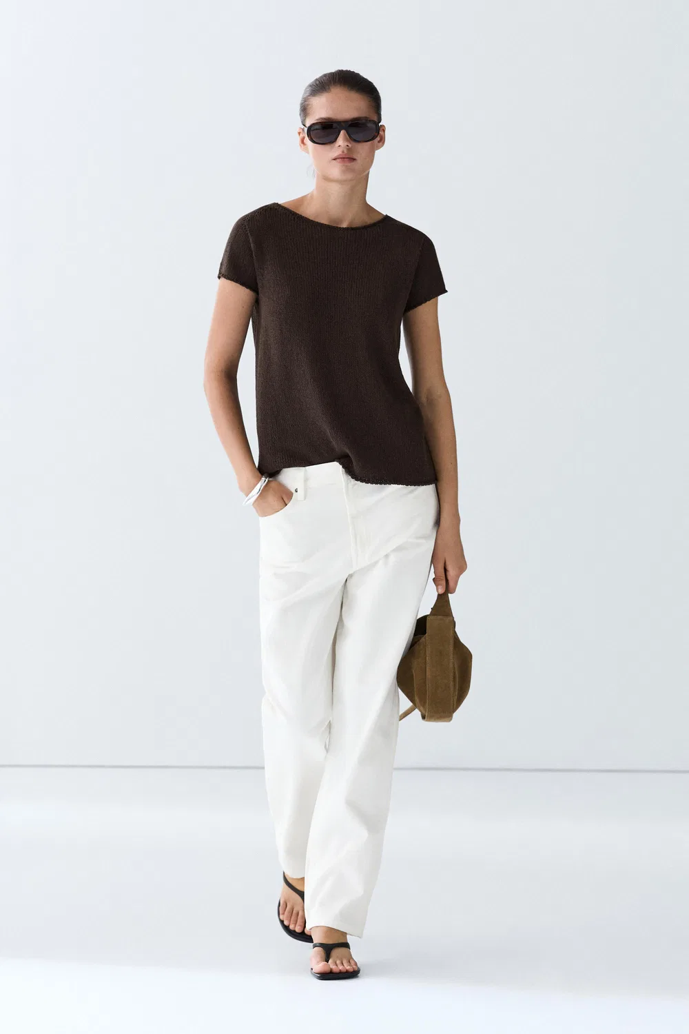Свитер Massimo Dutti Cotton Blend Short Sleeve Knit, шоколадный — фото 3