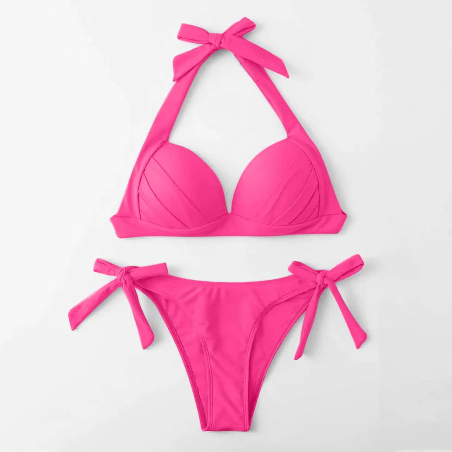 Женский бикини-комплект с рюшами и пуш-ап Push Up Halter, Hot Pink — фото 3