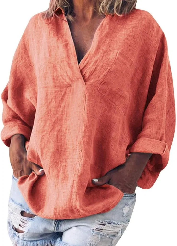 Женская свободная льняная рубашка с V-вырезом Oversized, Orange