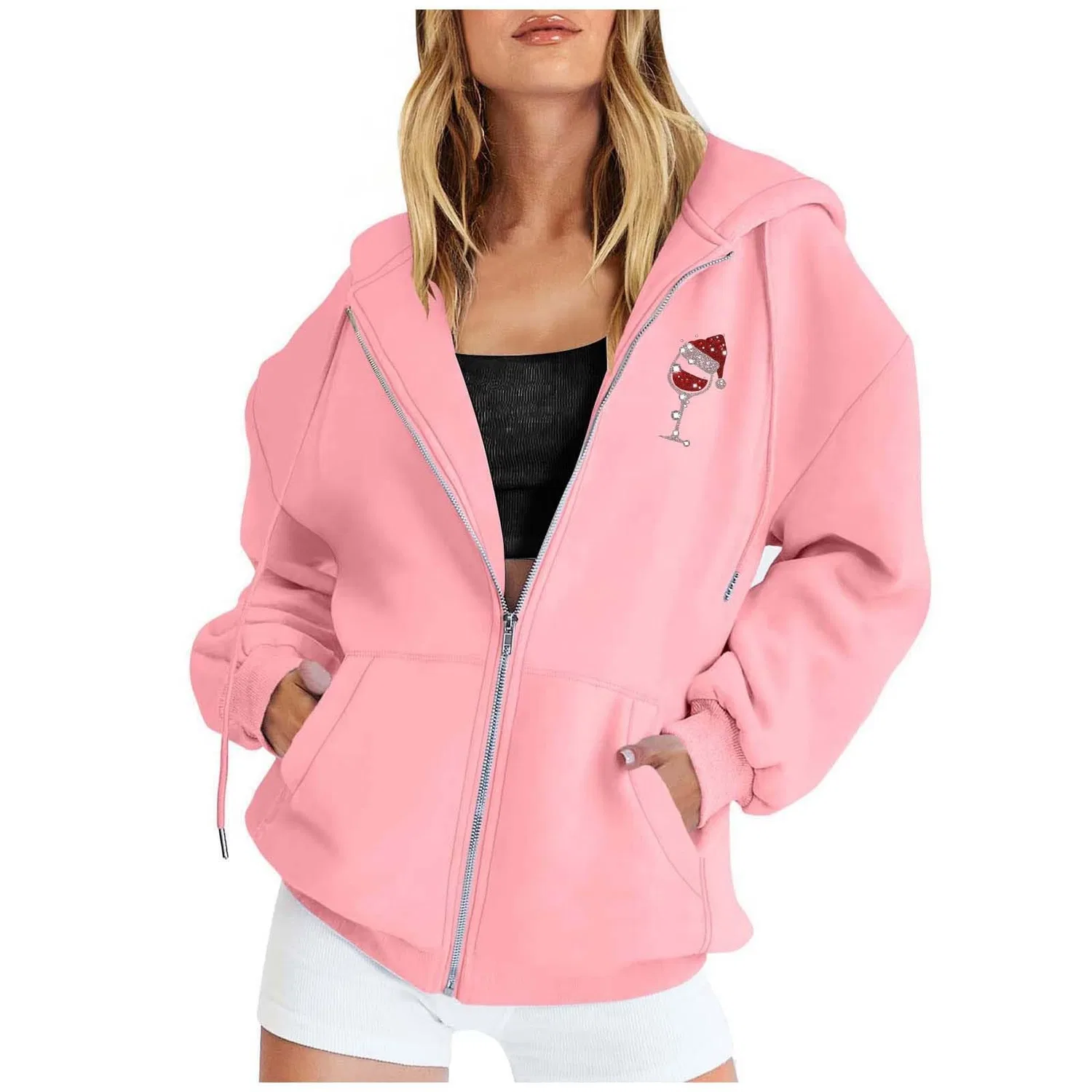 Женское худи с принтом Fashion Christmas Printed Zipper Long Sleeve Pocket Drawstring Casual Sport Hoodie, rosa — фото 2