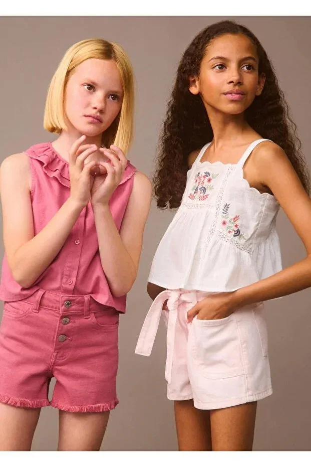 Детские шорты для девочек джинсовые Paperbag Belted Shorts Mango Kids, Pastel Pink — фото 4
