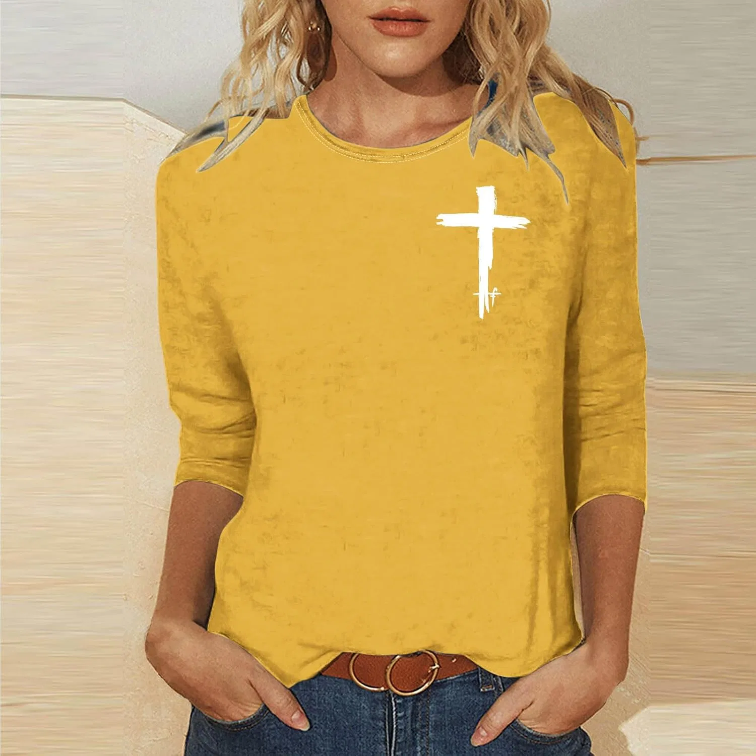 Женская туника с принтом креста, без рукавов, Christian Tops, жёлтый — фото 2
