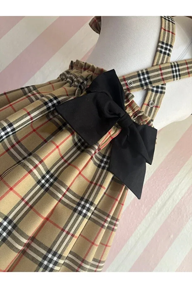 Детский комбинезон-сарафан для девочек с принтом Burbery Salopet Dress & Painter's Hat & Buckle Set, Eylülce Butik, Beige — фото 4