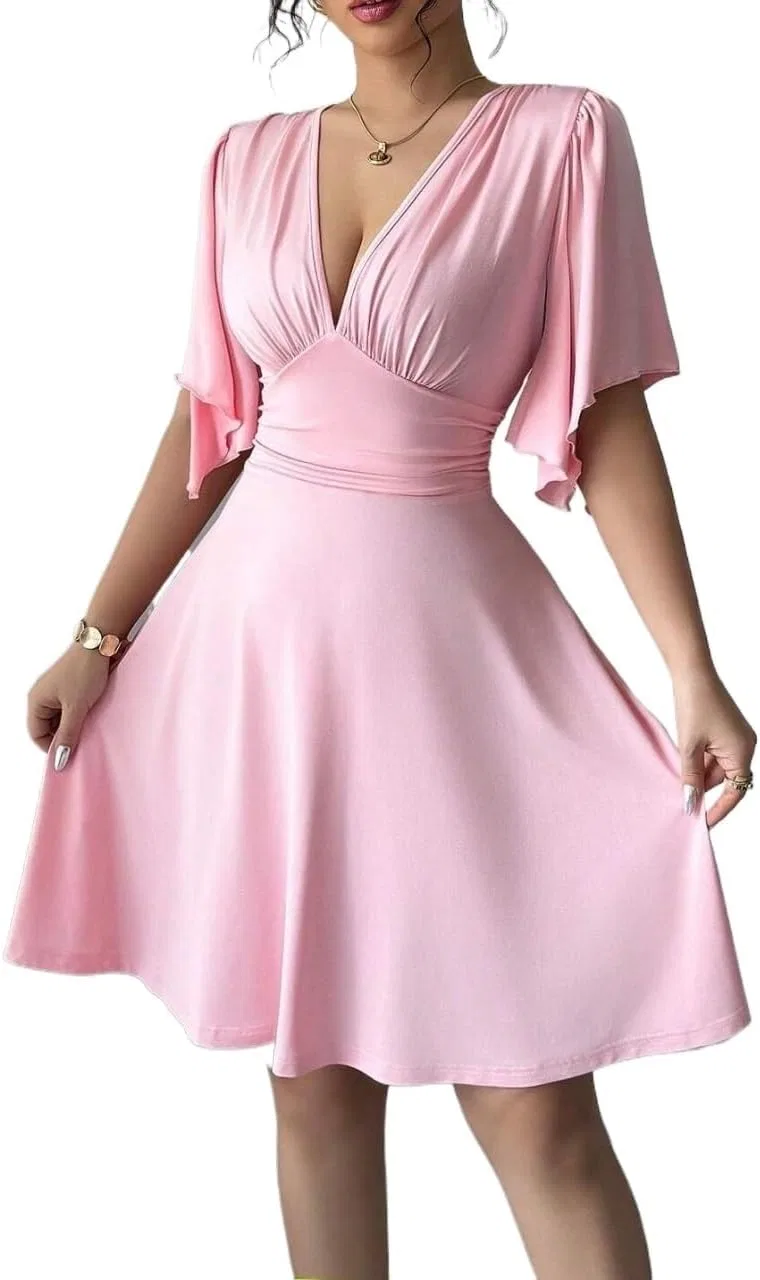 Женское мини-платье с рюшами A-line Flared Sleeve, Pink