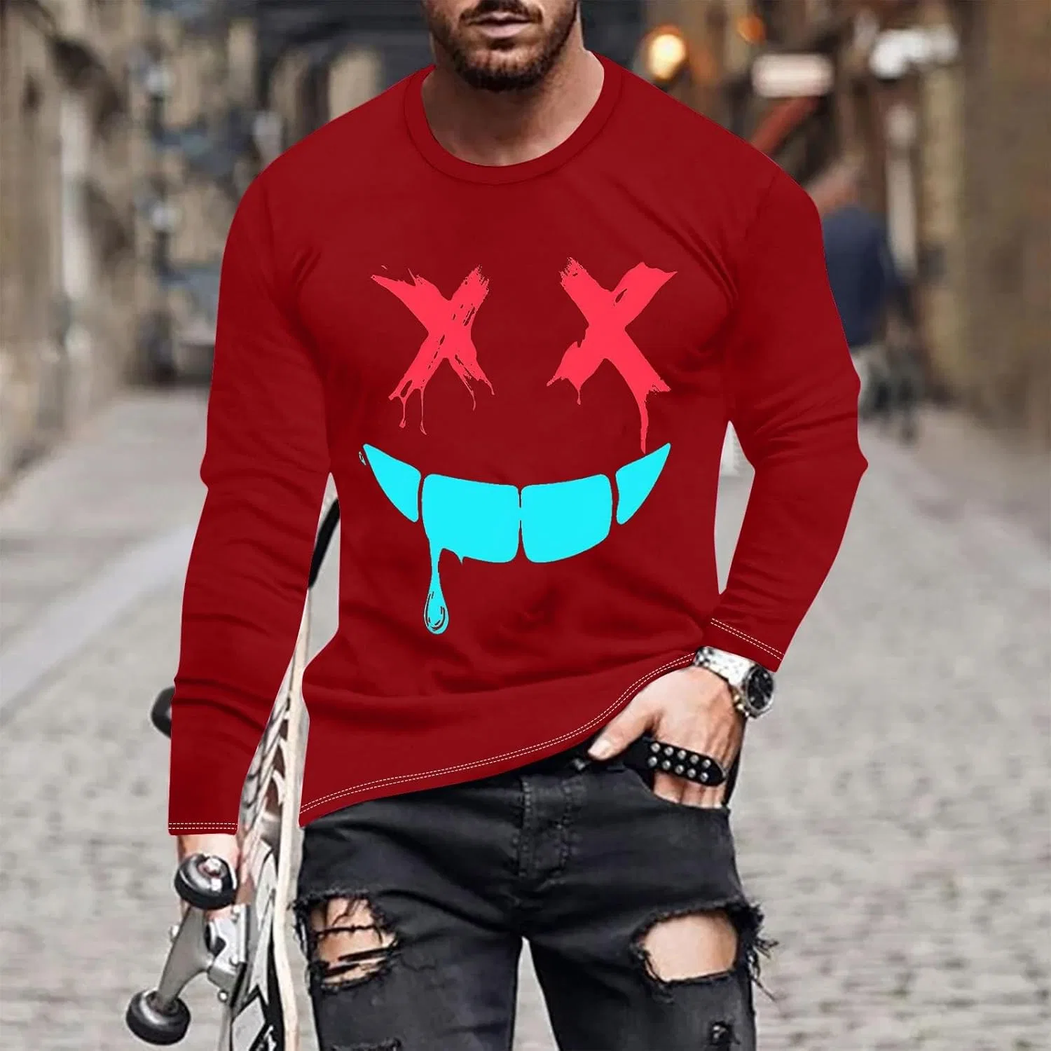 Мужская футболка с граффити X-Eye-Face Long Sleeve, Red — фото 2
