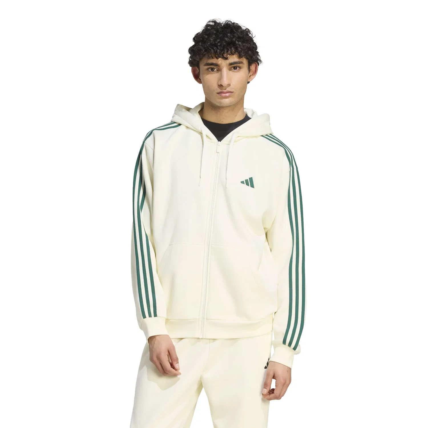 Мужской худи на молнии с флисом и тремя полосками adidas, Ivory/Collegiate Green — фото 4