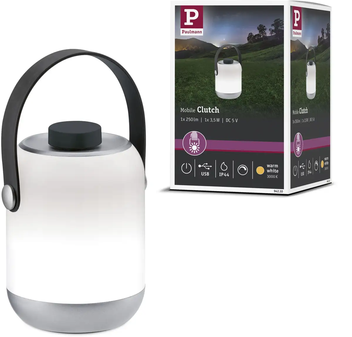 

Настольная лампа Paulmann " Outdoor Mobile Table Lamp Clutch IP44 3000K 1,6 Вт 5 В с регулируемой яркостью ", заряжается через USB Ø 8,5 см, Высота: 12,0 см, серый