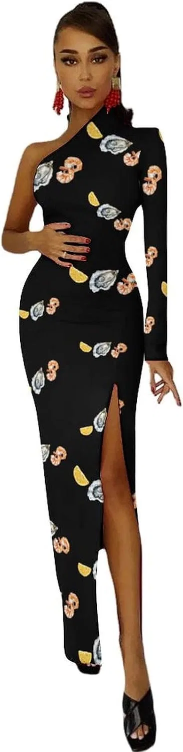 Женское коктейльное платье с одним плечом Oyster Shrimp Lemon Seafood, Black — фото 3