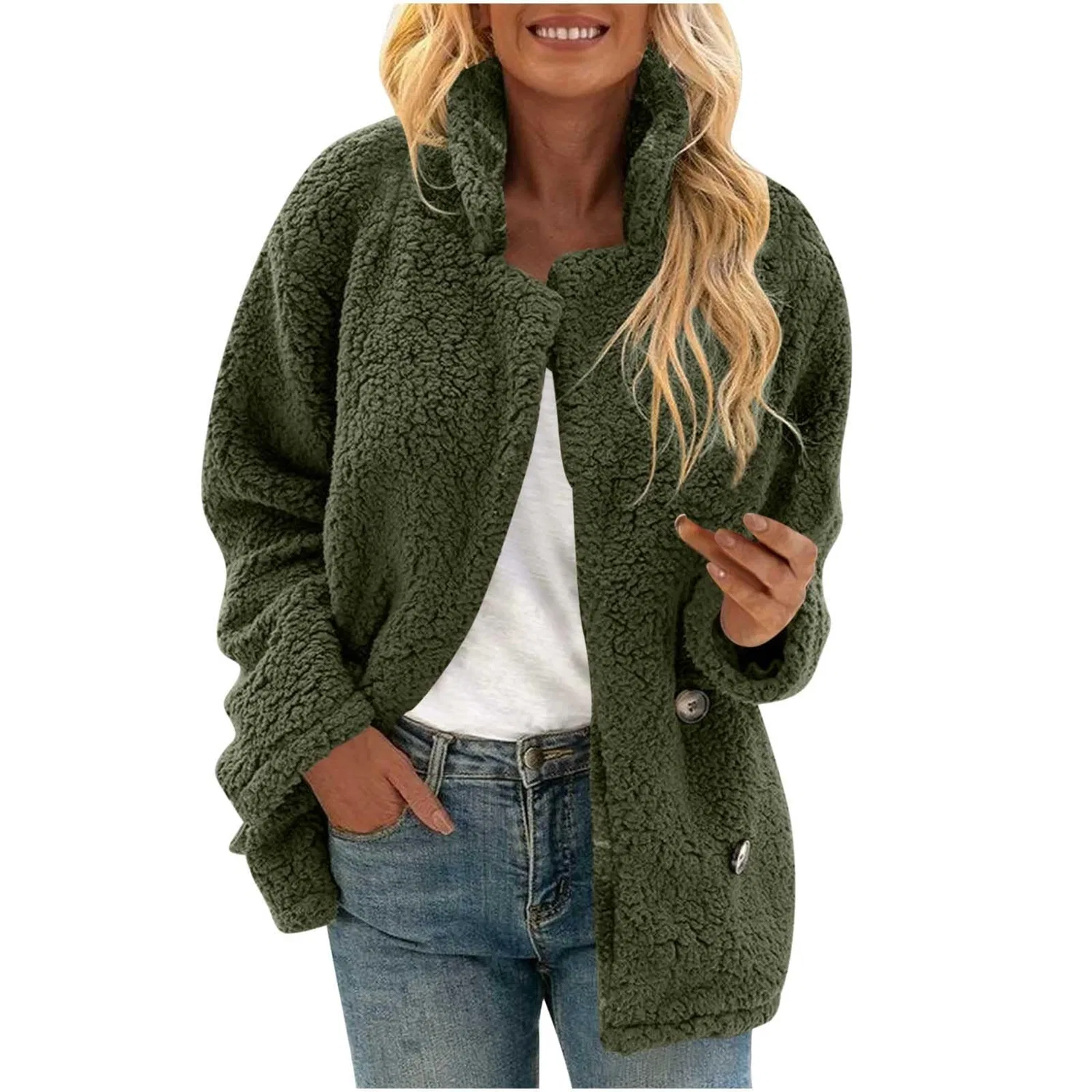 Женская куртка из флиса шерпа с воротником-стойкой, Verde