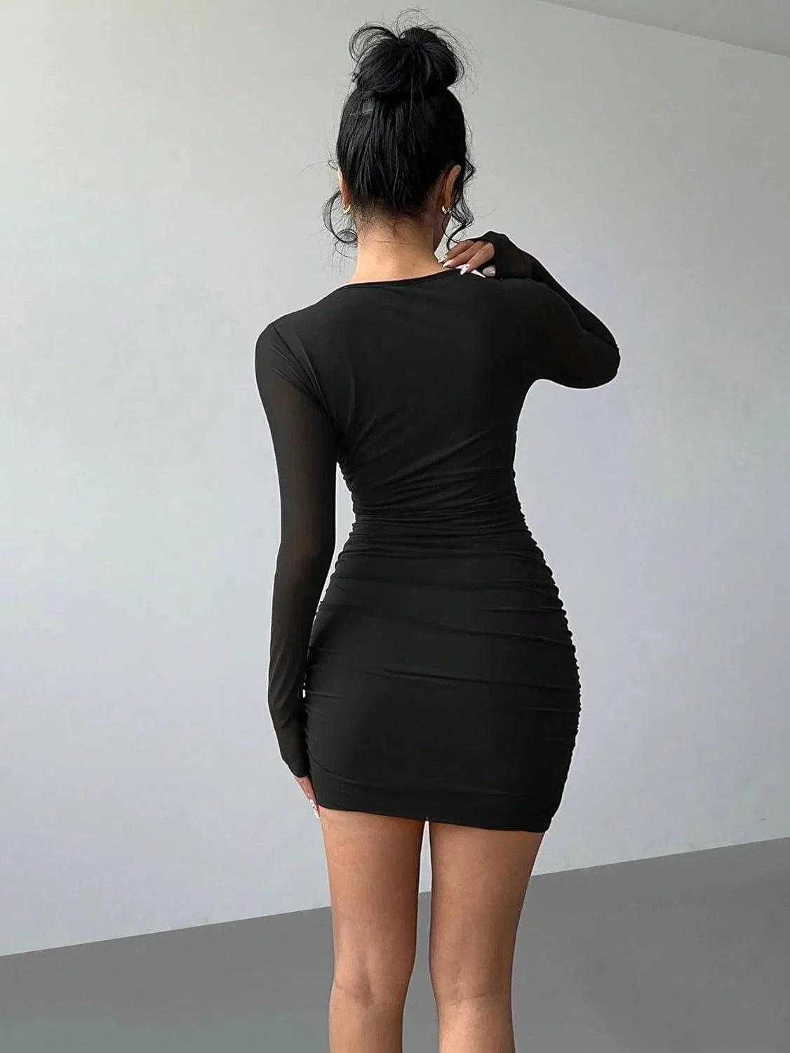 Женское повседневное платье с круглым вырезом и длинным рукавом, Black — фото 3