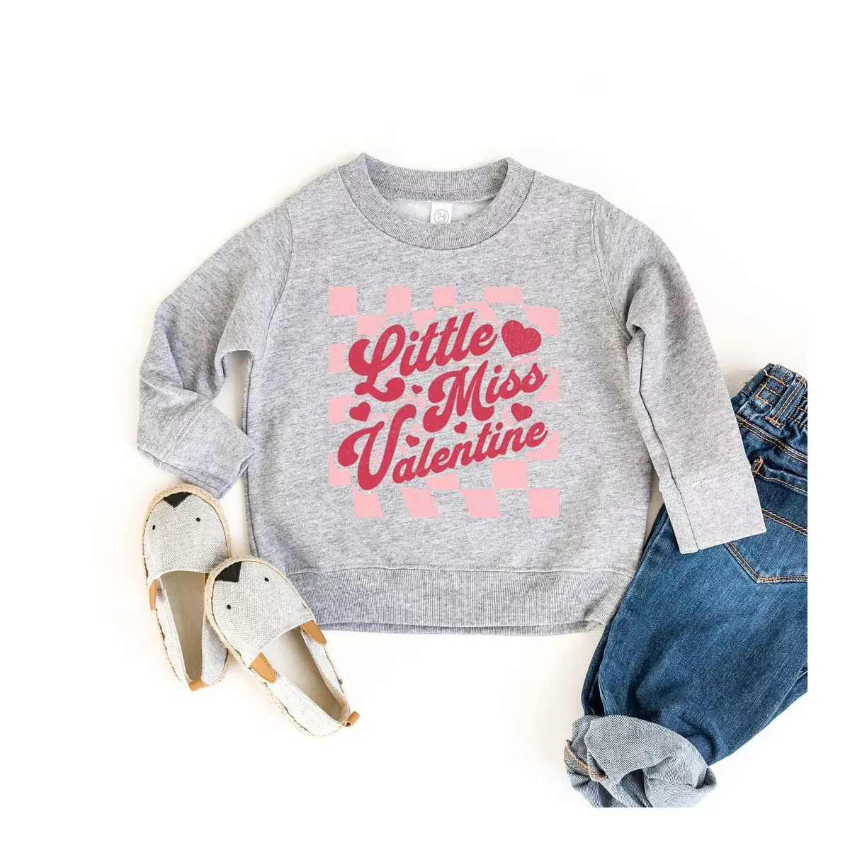Детский свитшот для девочек с принтом Checkered Little Miss Valentine The Juniper Shop, Heather Grey — фото 2