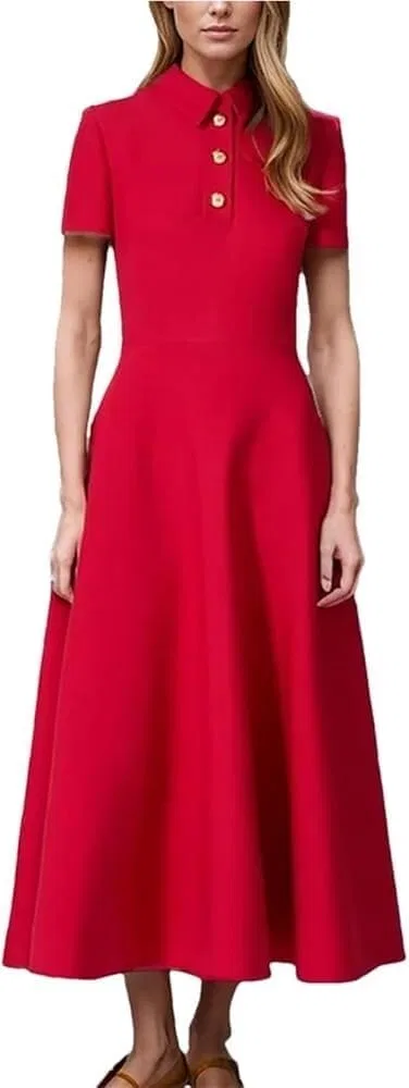 Женское платье с лацканом и пуговицами Slim Fit, Red