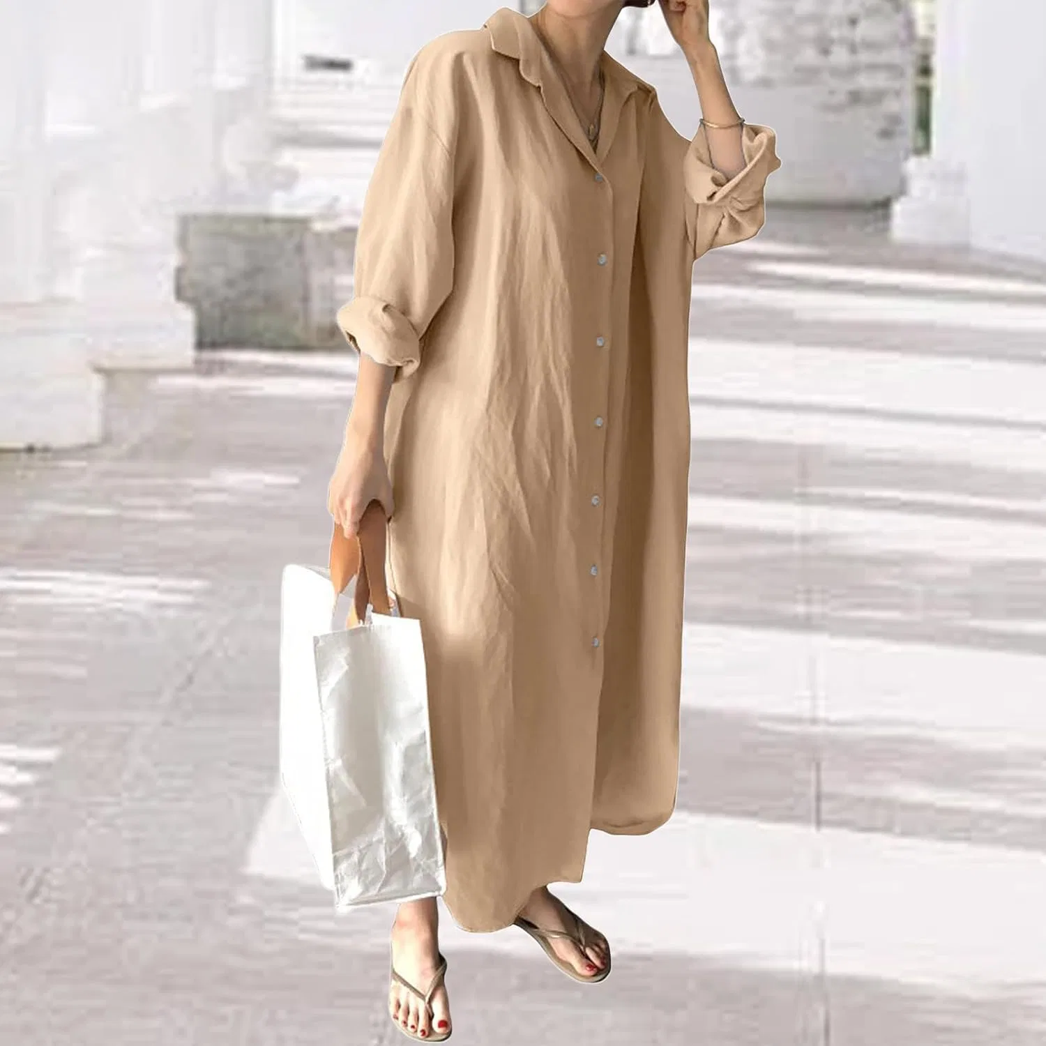 Женское платье-рубашка с пуговицами хлопковое, Khaki — фото 2