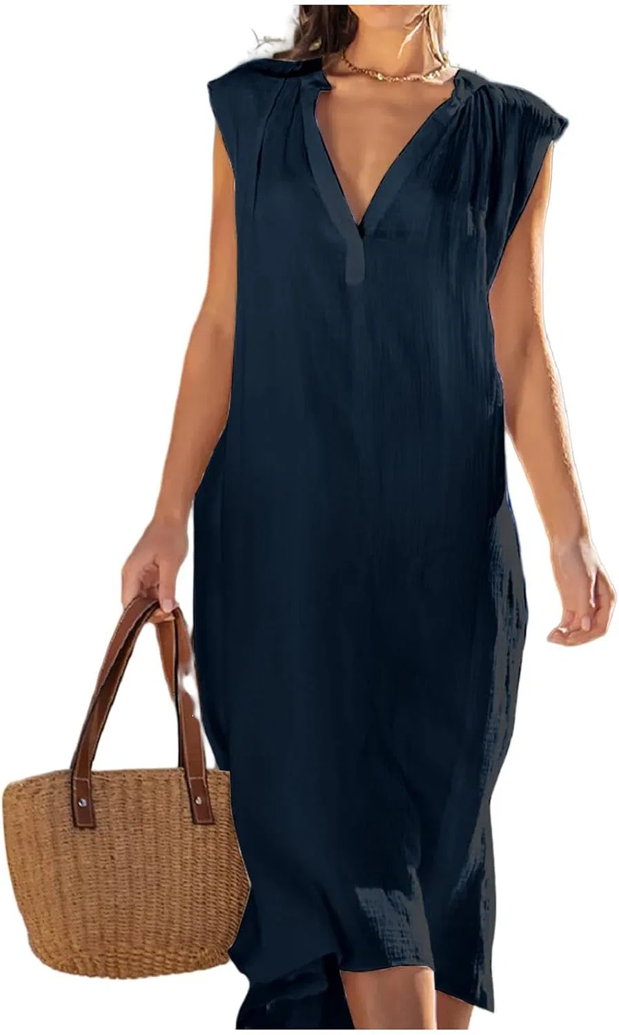 Женское свободное хлопковое платье макси с V-образным вырезом, Dark Blue