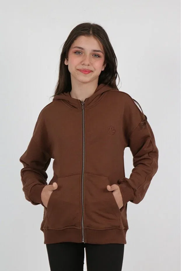 Детский кардиган для девочек с капюшоном Brown Girl's Hooded Zippered Pockets Off Shoulder Embroidery Printed Knitted Cardigan Toontoy, Brown