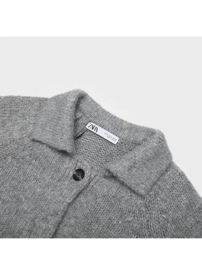 Кардиган вязаный с длинным рукавом и поясом Zara, серый — фото 4