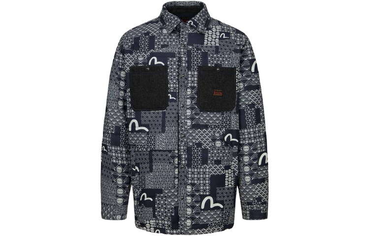

EVISU Мужской пуховик с темно-синим принтом по всей поверхности, Синий, EVISU Мужской пуховик с темно-синим принтом по всей поверхности