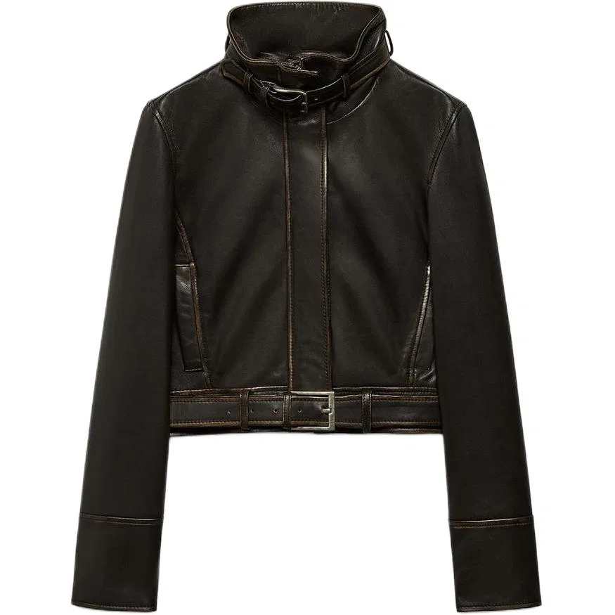 Женская кожаная куртка с воротником-стойкой, Dark Brown, ZARA