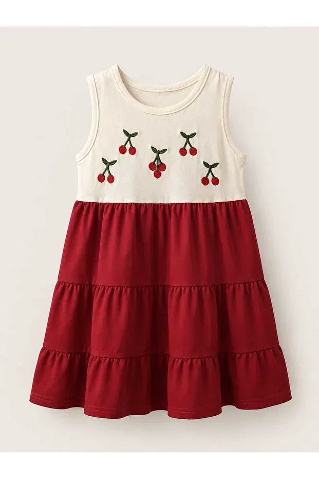 Детское платье для девочек хлопковое комплект платьев cherry embroidered hat and summer dress Kidsense, Red — фото 4