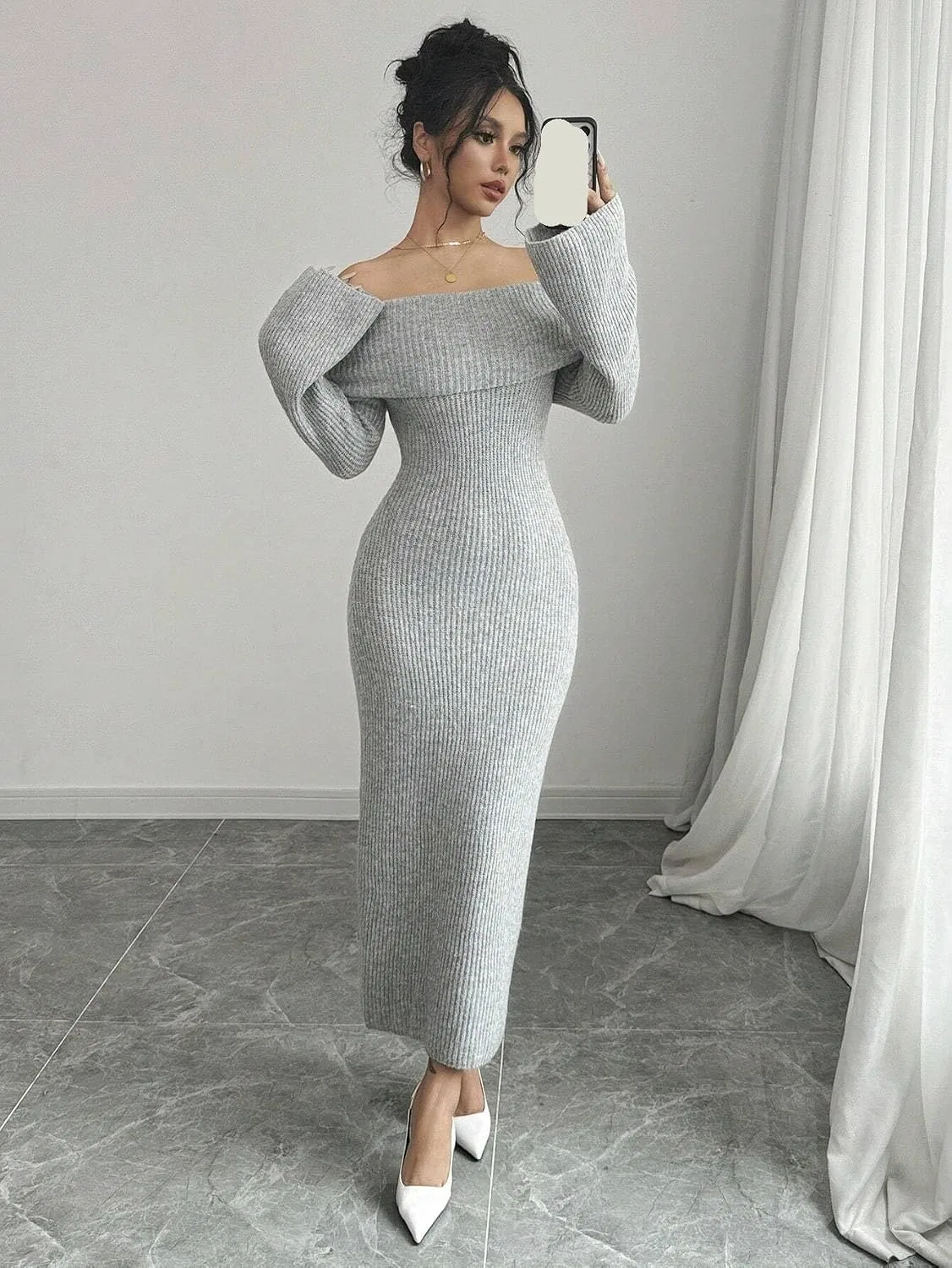 Женское длинное платье-свитер оверсайз Off Shoulder, Gray — фото 2