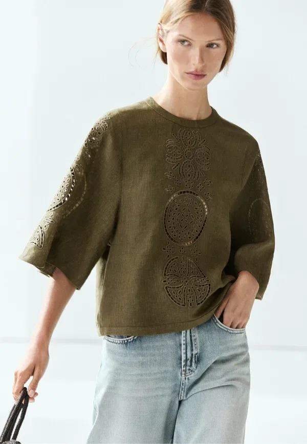 Блуза из льна Blouse Massimo Dutti, зеленый