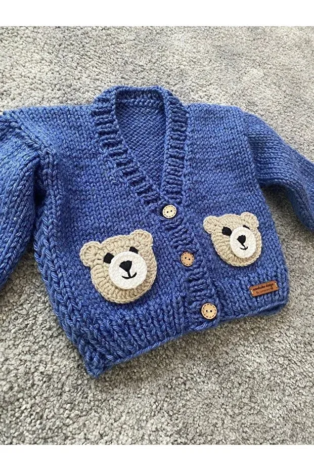 Детский кардиган с принтом Hand Knitted Cute Teddy Bear Detailed Boy's Cardigan Nevalin, Navy Blue — фото 3