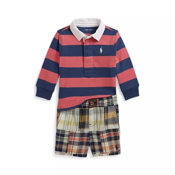 Комплект из полосатой хлопковой рубашки и шорт в клетку Polo Ralph Lauren, Adirondack Berry, Old Royal