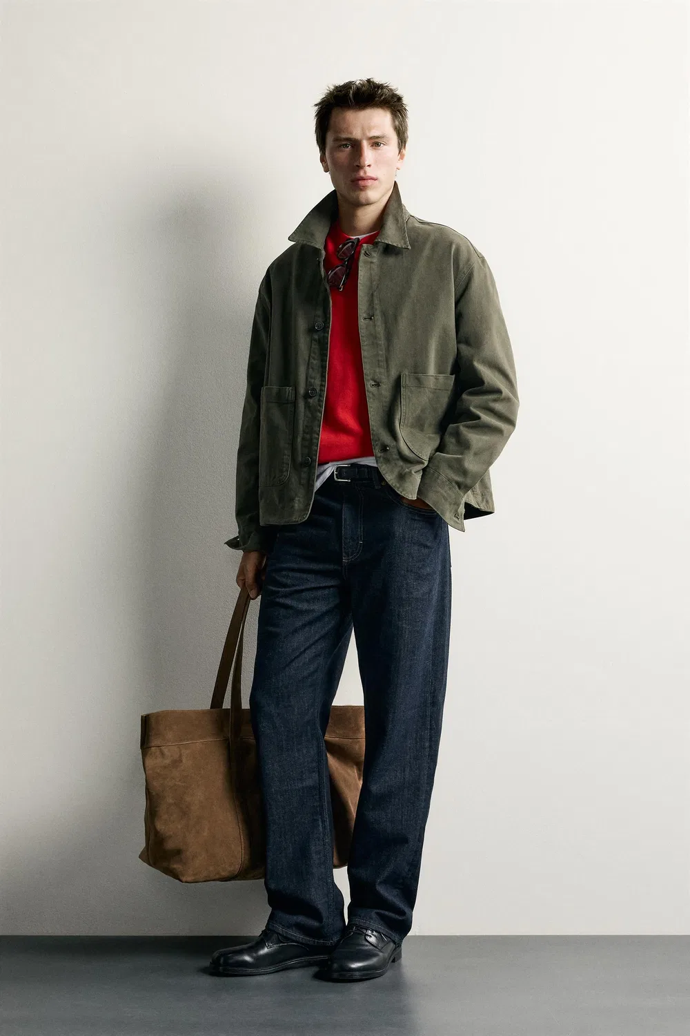 Рубашка свободного кроя с карманами. ZARA, Khaki