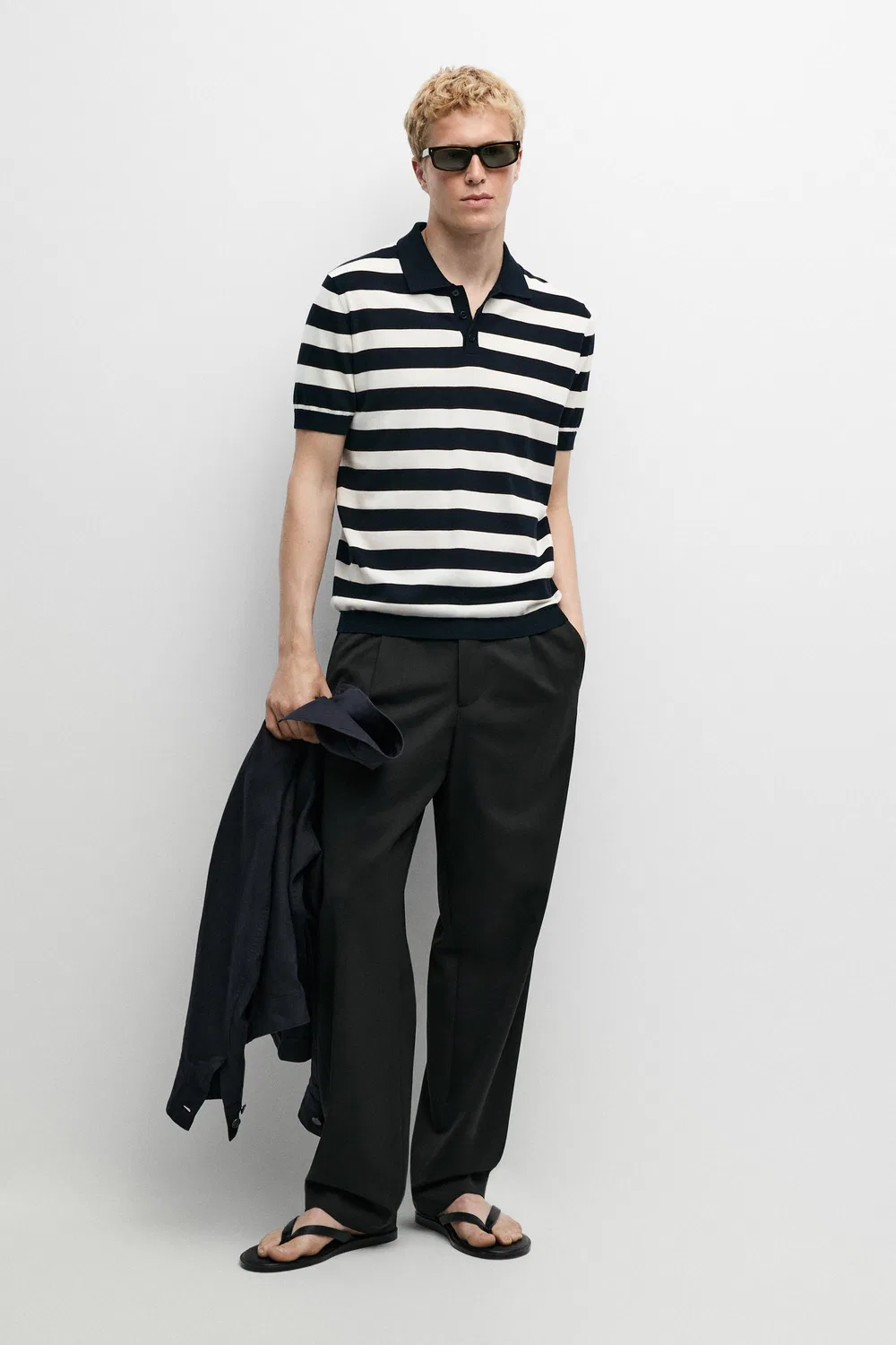 Поло Massimo Dutti 100% Cotton Striped Knit Shirt, темно-синий — фото 3