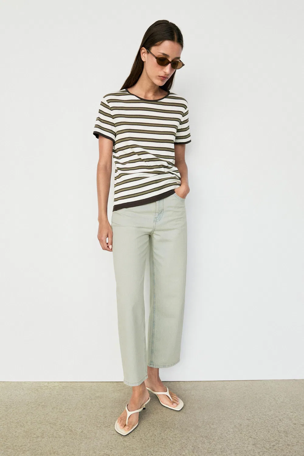 Футболка Massimo Dutti 100% Cotton Short Sleeve Striped, хаки — фото 4