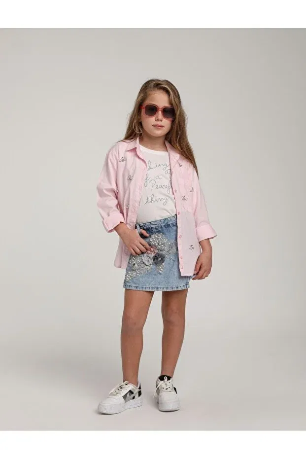 Детские шорты-юбка для девочек джинсовые с цветочным принтом Escabel, Jeans Blue — фото 2
