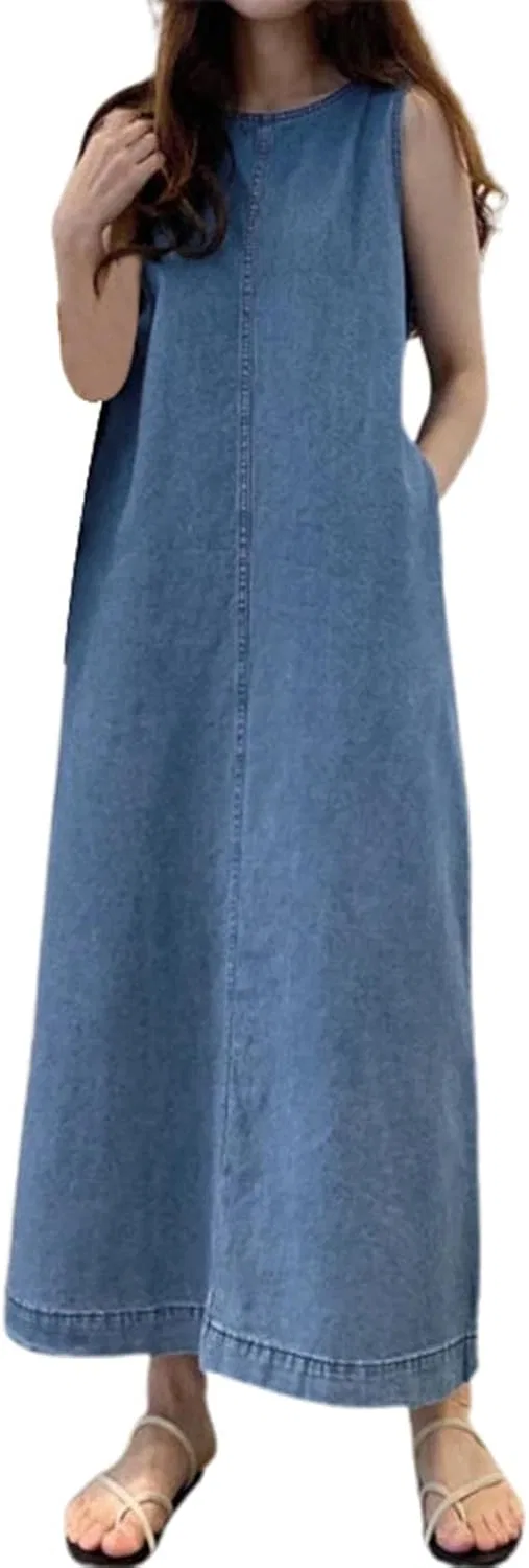 Женское джинсовое платье-макси без рукавов, Vintage Casual, синий