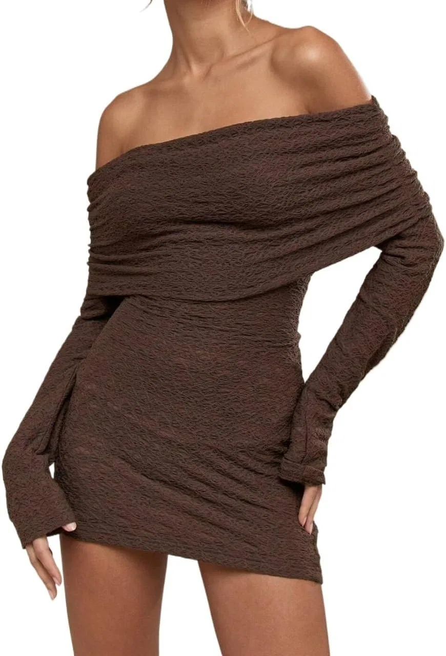 Женское облегающее мини-платье с рукавами Off Shoulder, Brown