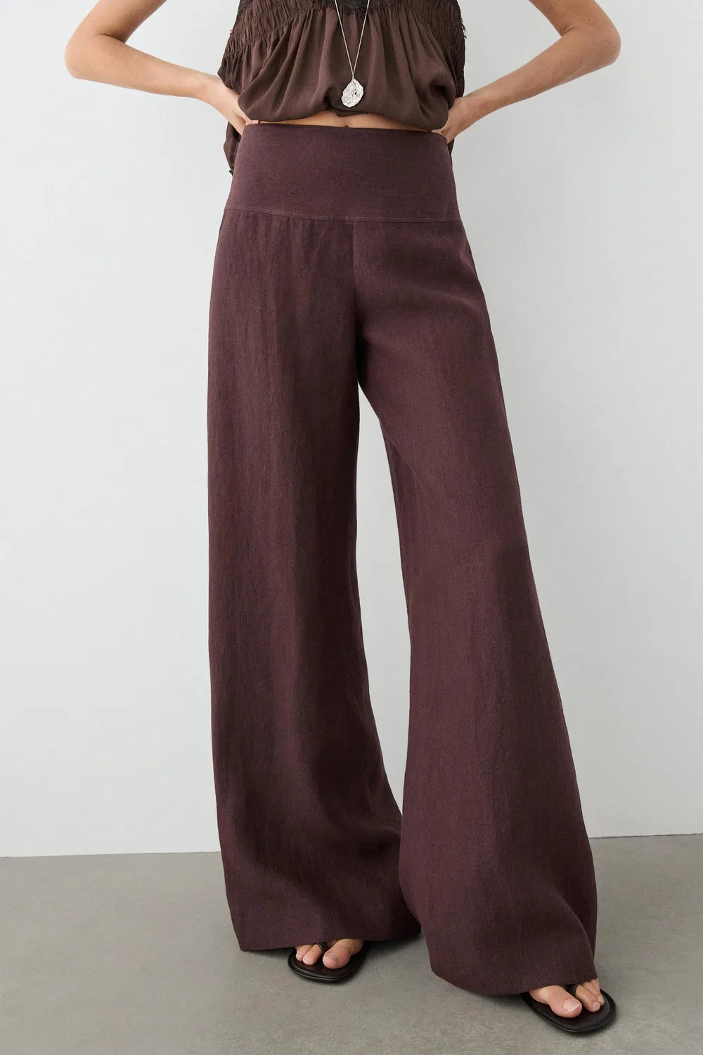 Расклешенные брюки средней посадки из 100% льна Massimo Dutti, Maroon — фото 2
