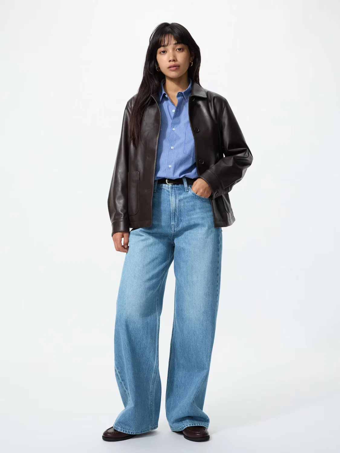 Джинсы Uniqlo, с высокой посадкой и широкими штанинами/удлиненный крой, синий — фото 2
