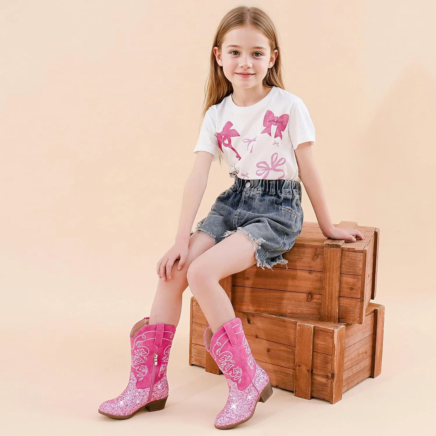 Детские сапоги для девочек с вышивкой Cowgirl Boots LAURMOSA, Pink Sequins — фото 4