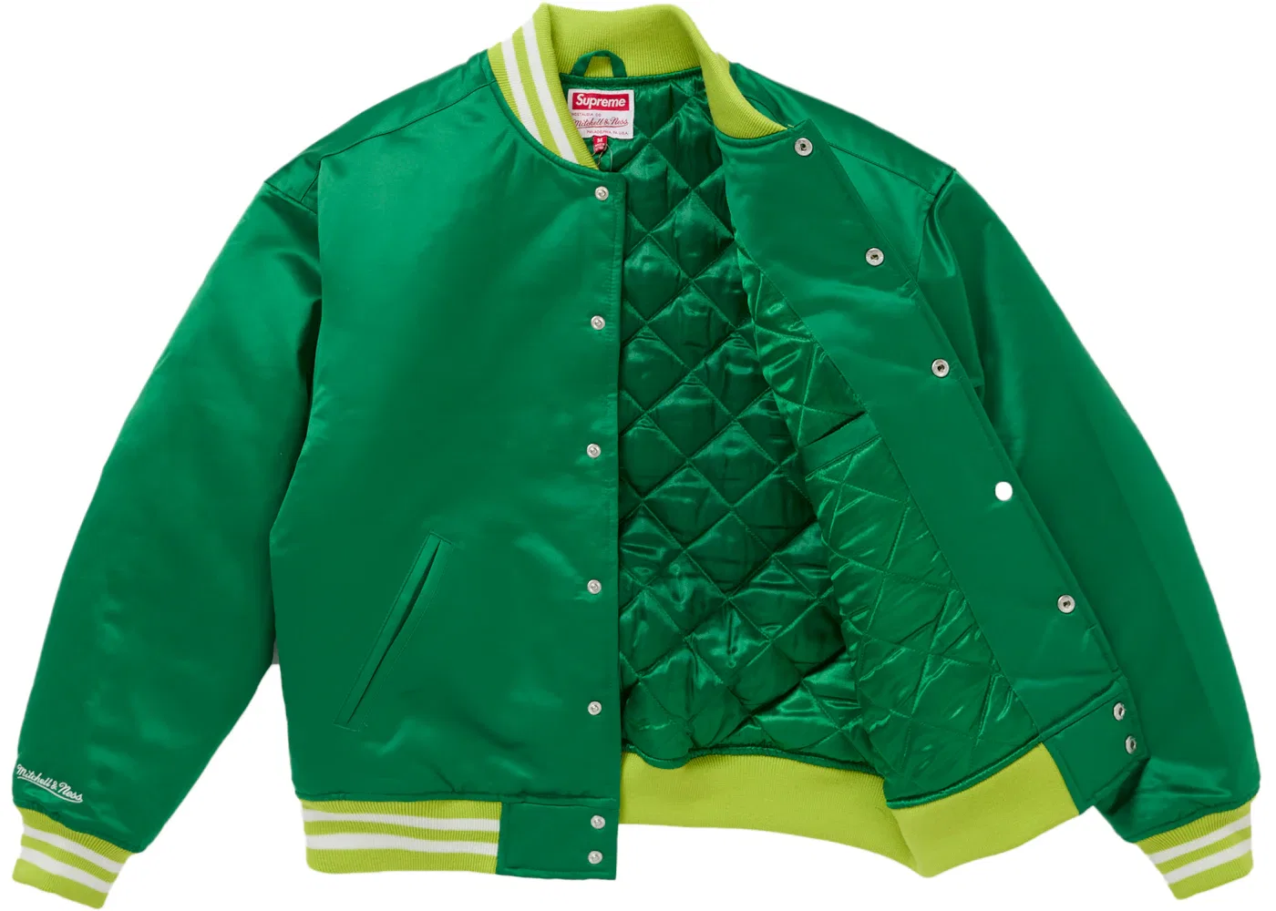 Мужская куртка-бомбер с сатиновой отделкой Supreme Mitchell & Ness Satin Varsity Jacket (FW24), Green — фото 2