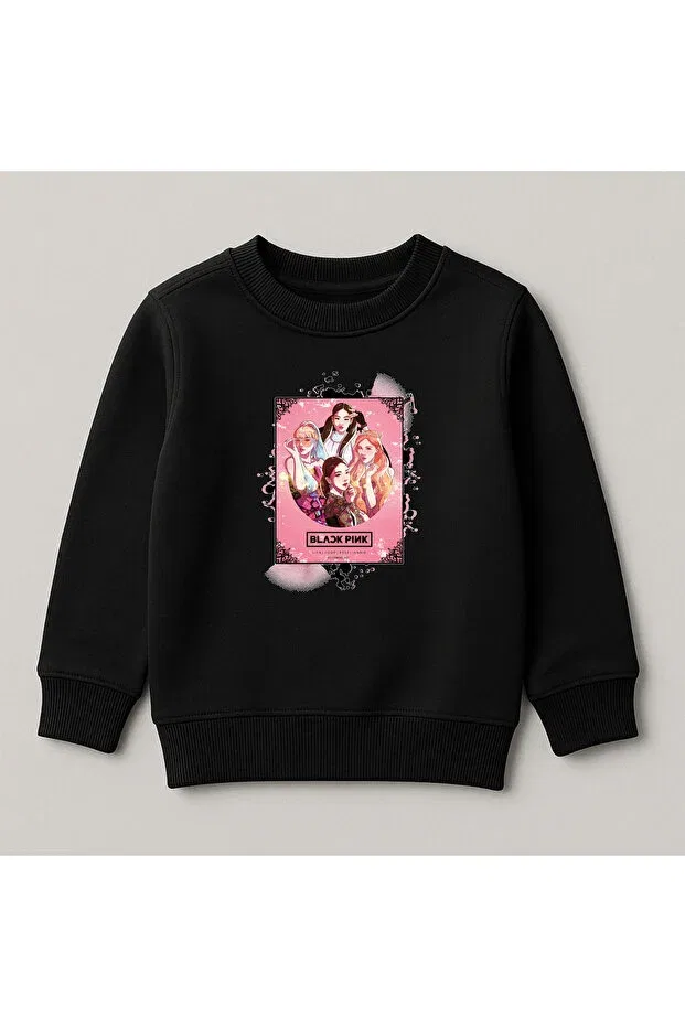 Детские свитшот для девочек с принтом Black Pink Printed Crew Neck 100% Cotton Kids Sweatshirt Svart Wear, Black