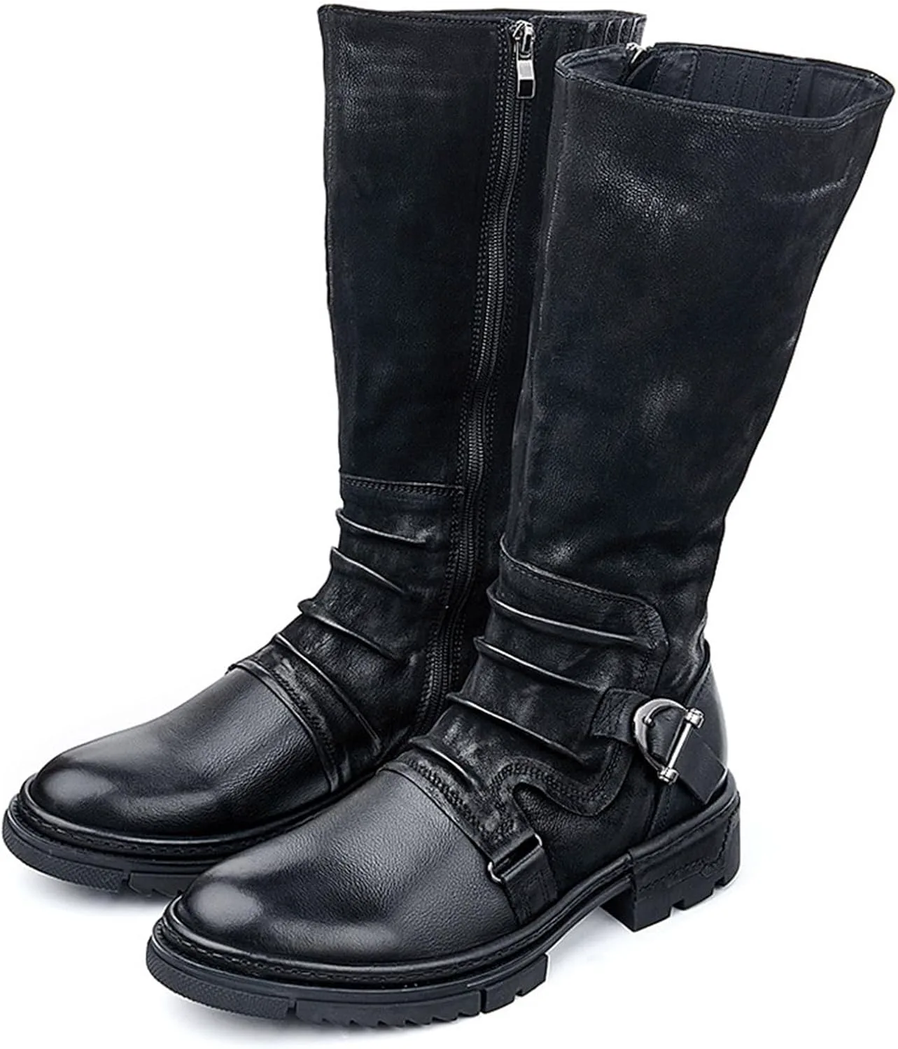 Мужские высокие сапоги до колена NSWDMA в рыцарском стиле, комбинированная отделка из замши и кожи, боковая молния, круглый носок, массивный каблук, черный — фото 3