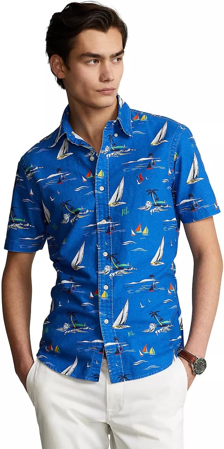 

POLO RALPH LAUREN Мужская классическая оксфордская рубашка с коротким рукавом, Blue Sailboat Islands