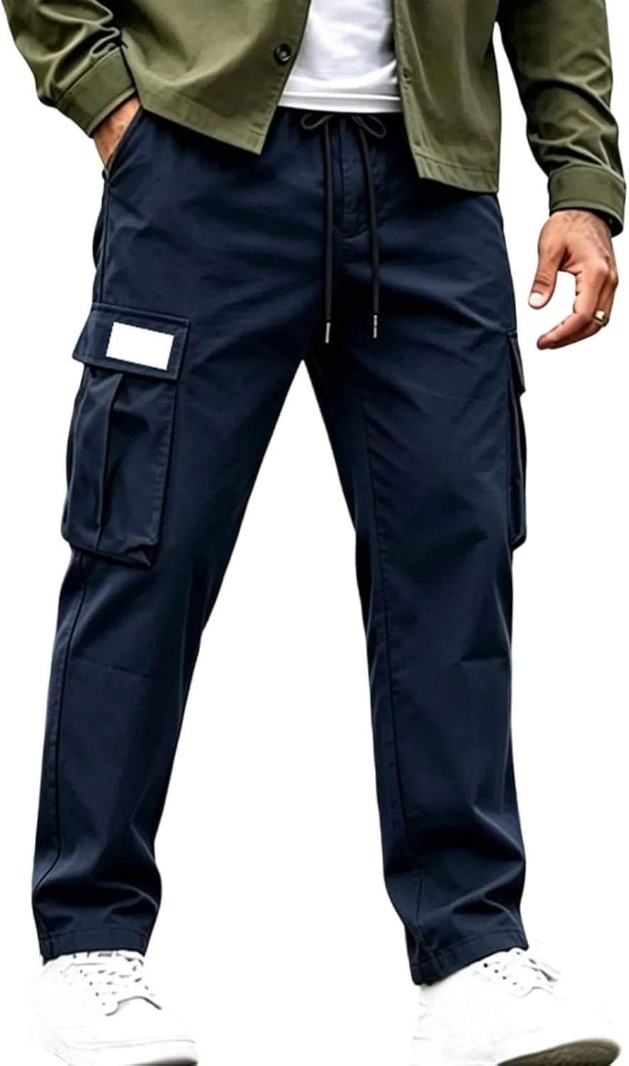 Мужские карго-брюки с завязкой на поясе, Cargo Pants, тёмно-синий