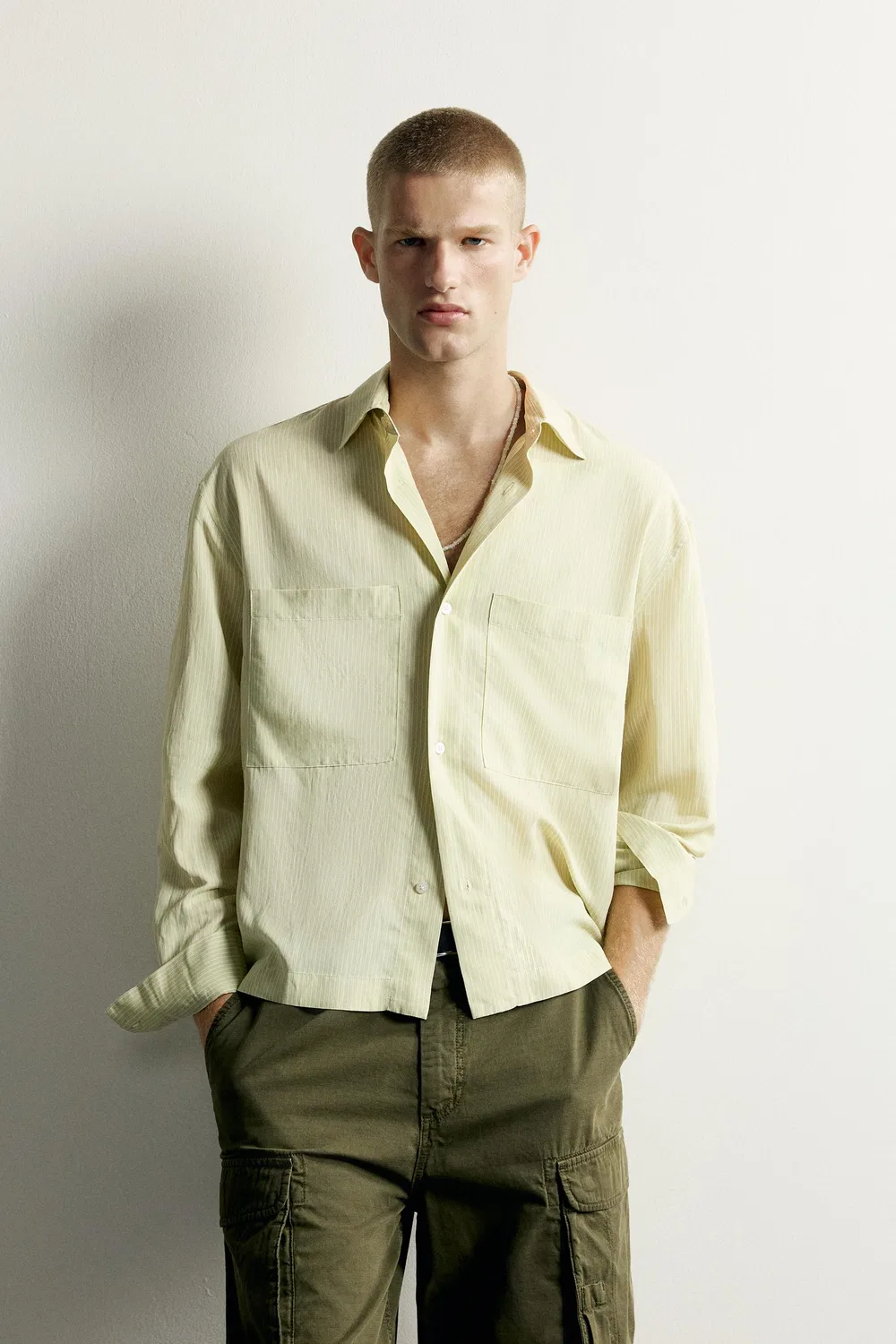 Свободная полосатая струящаяся рубашка ZARA, Light green — фото 2