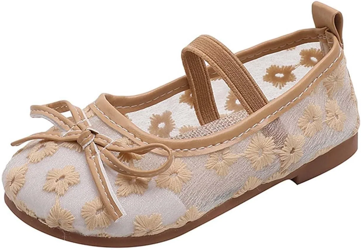 Детские балетки для девочек с вышивкой и бантом Mary Jane, Beige