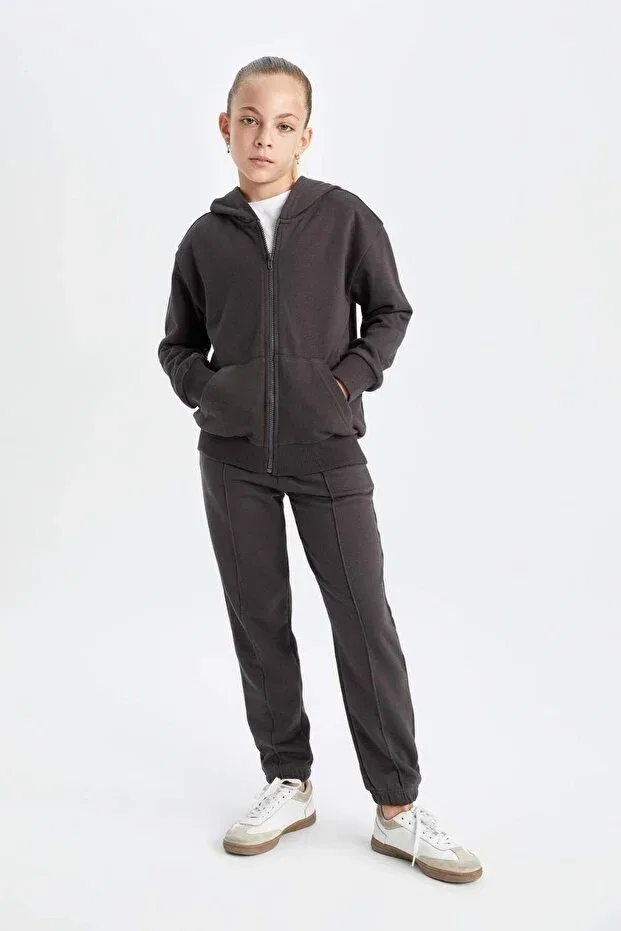 Детский кардиган на молнии с капюшоном Anthracite Basic Plain Hooded Zippered School Cardigan for Girls Defacto, Anthracite-Ar227 — фото 2