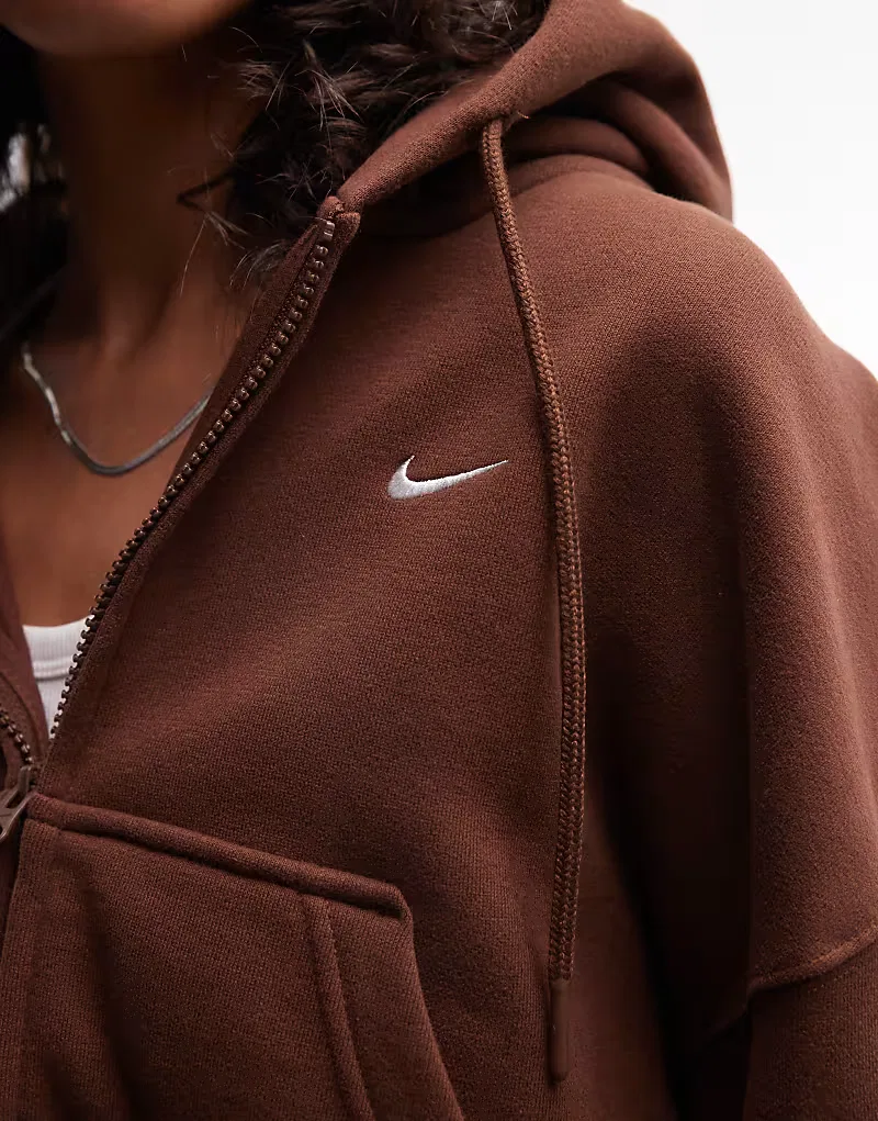 Худи Nike Studio Fleece средней плотности, свободного кроя, укороченное, на молнии, коричневый — фото 3