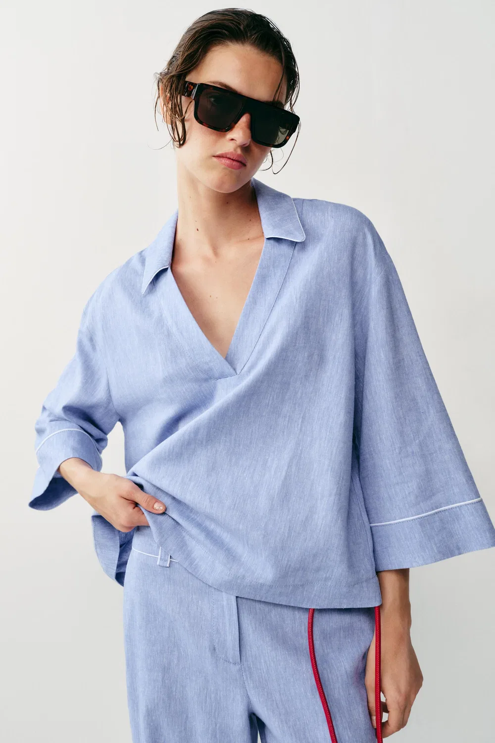 Блузка из смесовой льняной ткани с кантом ZARA, Light Blue — фото 2