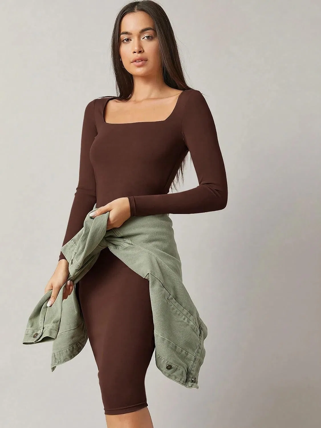 Женское миди-платье bodycon с квадратным вырезом, Coffee Brown — фото 4